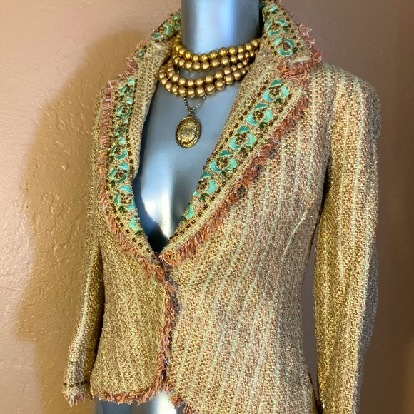 True Meaning Gold Embellished Beaded Fringed Embroidered Tweed Blazer.  Sz 2 - Picture 3 of 7